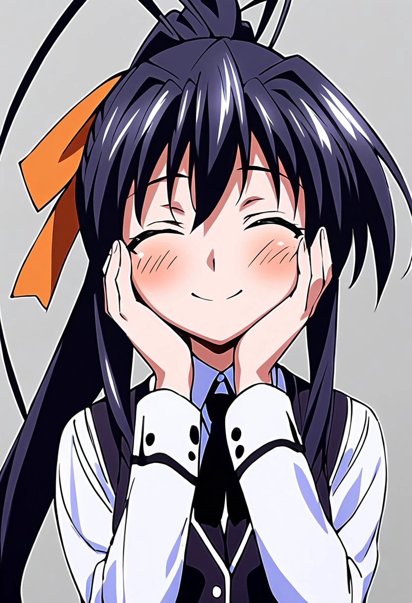 score_9, score_8_up, score_7_up, 
4k3n0h1m3j1ma,Akeno Himejima,1girl, solo, long hair, blush, smile, black hair, ribbon, school uniform, closed eyes, hair ribbon, ponytail, green hair, parody, hand on own face, hand on own cheek, anime coloring