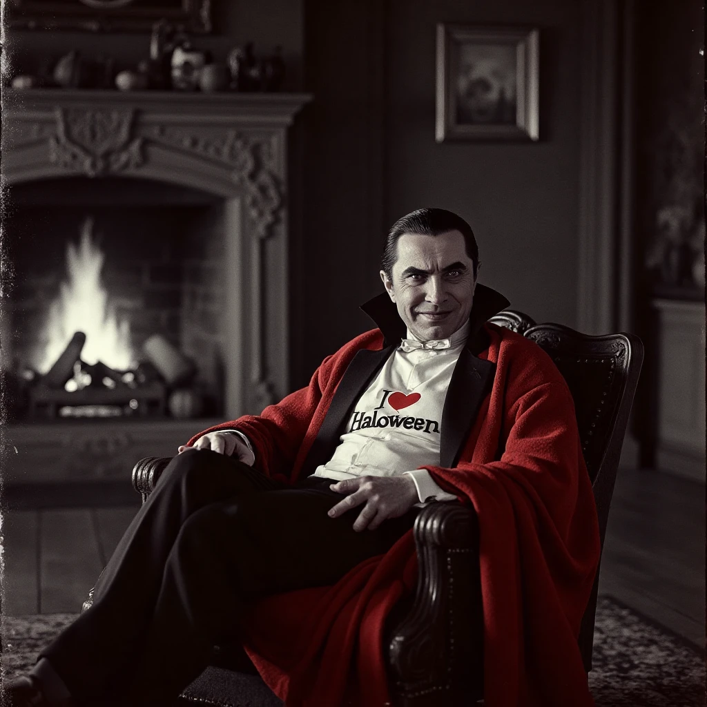 Mody film shot of Smiling DraBelacula Vampire Count Dracula Bela Lugosi. We see his Vampire teeth. He sits cross-legged on the cozy soft chair next to the coozy fireplace in big castle, his leggs wrapped in a cozy red blanket. He wears T-shirt with title "I love Halloween". He looks to the camera. Grey old cutle atmosphere. Halloween atmosphere with a lot of halloween stuff at the background, ultra detailed, polaroid grainy film stock