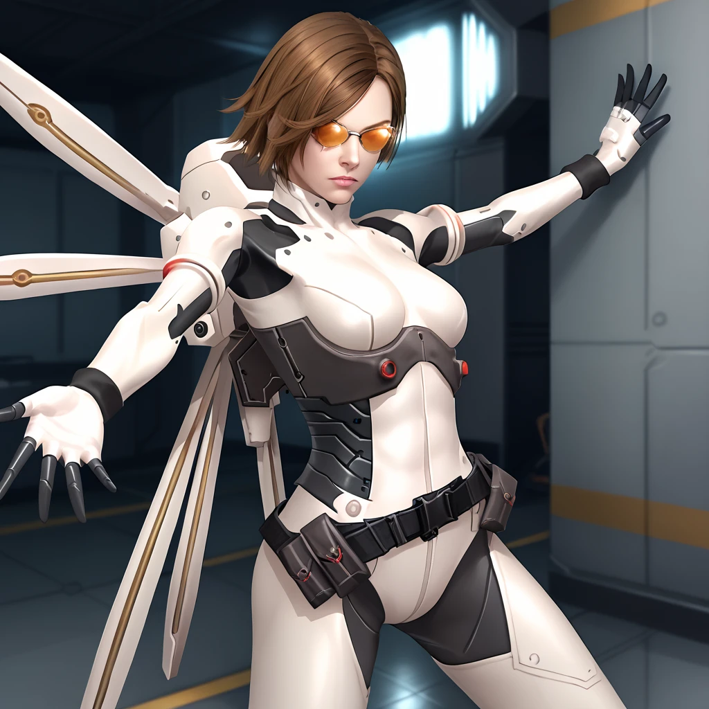 score_9, score_8_up, score_7_up, 1girl, solo, uncensored, vanessaschneider, serious, expressionless, outstretched arms, fighting stance,  looking at viewer, short brown hair, (mechanical wings:1.1), white bodysuit, skin tight, science fiction, sunglasses, tinted eyewear, indoors, military base, metal walls, reflective floor <lora:VanessaSchneiderXL_v1.0:1>