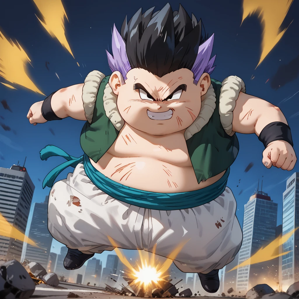 <lora:gotenks-v1:0.8> dbzgotenks, 1boy, two-tone hair, overweight, plump, cub, metamoran vest, baggy pants, sash, black wristband, footwear, fighting stance, injury, flying, city lights, smirk, clenched teeth, (dutch angle:0.5), solid circle eyes, looking at viewer, from below, full body, yellow aura, male focus, flying, destruction, <lora:Expressive_H:0.5> Expressiveh, score_9, score_8_up, score_7_up, score_6_up, score_5_up, score_4_up