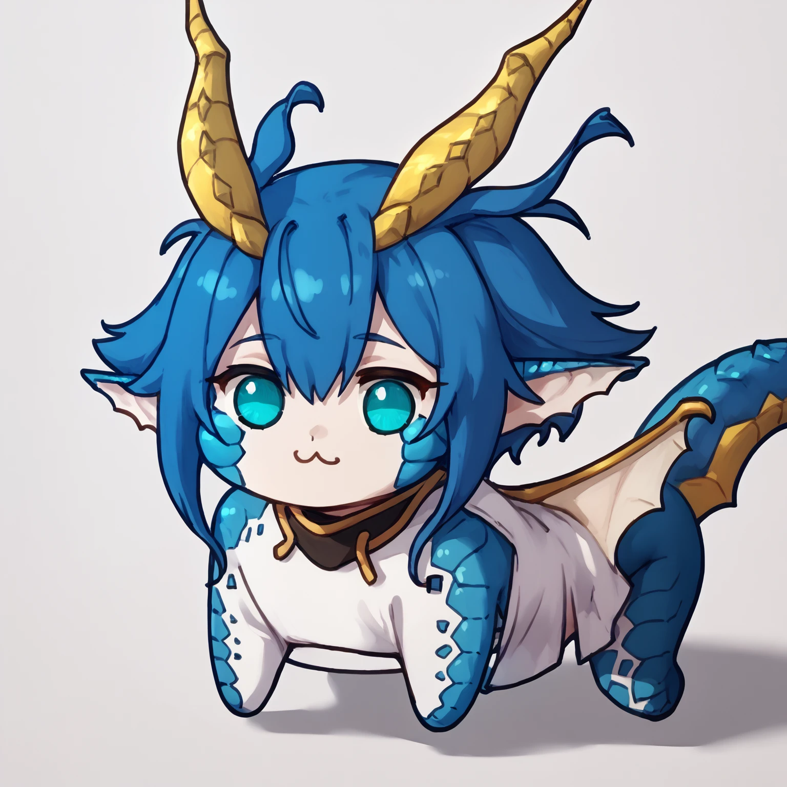 score_9, score_8_up, score_7_up, 1girl, skadra, monster girl, colored skin, horns, blue scales, aqua eyes, animal ears, pointy ears, short hair with long locks, hair between eyes, blue hair, yellow tail, low wings, white wings,
<lora:Doro_X_PDXL_V1:1.0>, doro, creature, :3, chibi, no humans, four legs, solid circle eyes, no pupils, all fours, solo,
simple background, white background, 
<lora:Skadi-Dragenfelt-PDXL_V1-Manityro-CAME:1.0>,