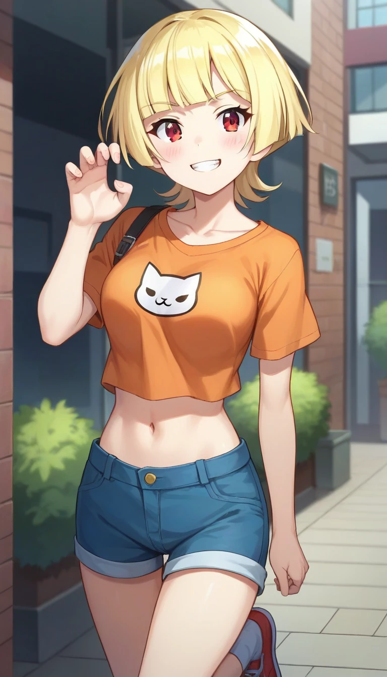 score_9,score_8_up,score_7_up,score_6_up BREAK official art,solo,outdoors,cowboy shot,looking at viewer,facing viewer,frown,evil smile,blush,Emma Hanes,blonde hair,short hair,blunt bangs,red eyes,cat pose,clenched teeth,collarbone,crop top overhang,cropped shirt,t-shirt,orange shirt,short sleeves,medium breasts,navel,blue shorts,short shorts,white socks,sneakers,<lora:Emma Hanes(dgg)-Pony:1.4>,