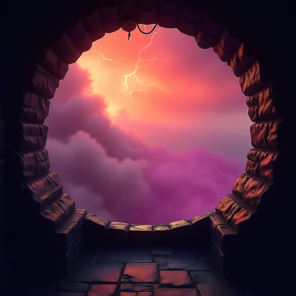 cpolldreamyfortress, cpolldflitwtw, lookout in the watchtower, otherworld, watchtower lookout, indoor, orange sky, orange lightnings in sky, vivid purple mist, purple lightnings in vivid purple mist