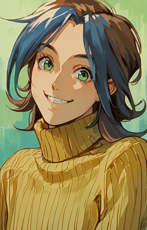 <lora:Atsuko_Yoshikawa_Angel_of_Darkness_Part_1_æ·«ç£æå¸«:1> long hair, long sleeves, green eyes, turtleneck, atsukoaod, brown hair, atsukoyoshdof, blue hair, blue eyes, shirt, short hair, teeth, upper body, smile,, score_9, score_8_up,score_7_up