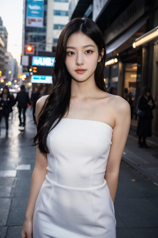 masterpiece, best quality, ultra-detailed, ultra high res, (photorealistic:1.4), raw photo, (realistic:0.2), 8k HDR, realistic cool temperature lighting, (asian:0.2), 1girl, solo, asymmetrical hair, outdoor, day, (city background:1.4), bokeh, (detailed lips), (detailed pores), (detailed skin textures), (detailed face:1.2), (upper body:1.2), a woman in a white strapless tube dress, promotional image, a character portrait, thigh gap