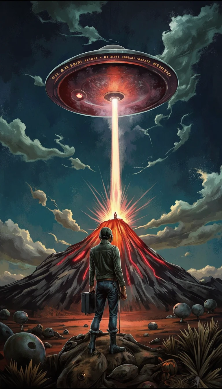  mythoscape painting of a 1950s movie poster UFO, floating over a volcano at night, the ufo is at an angle. a tired man is looking up at it from the ground, his holding a breafcase  There is a tired feel to this painting, At the bottom it reads "How's Your Day Going?"