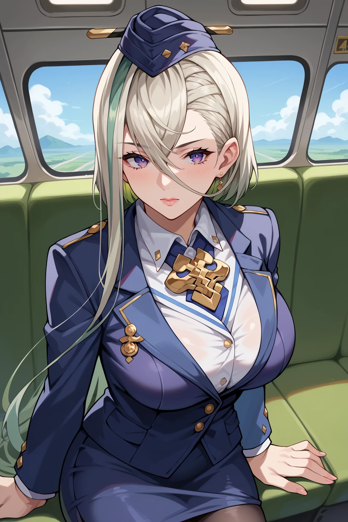 score_9, score_8_up, score_7_up, score_6_up, source_anime, solo, 1girl, mature female, huyanzhourd, large breasts, white hair, streaked hair, green hair, multicolored hair, very long hair, purple eyes, flight attendant, airplane interior, blazer, handkerchief, garrison cap, travel attendant, black pantyhose, pencil skirt, shirt, service <lora:HuyanZhuoPony:1>