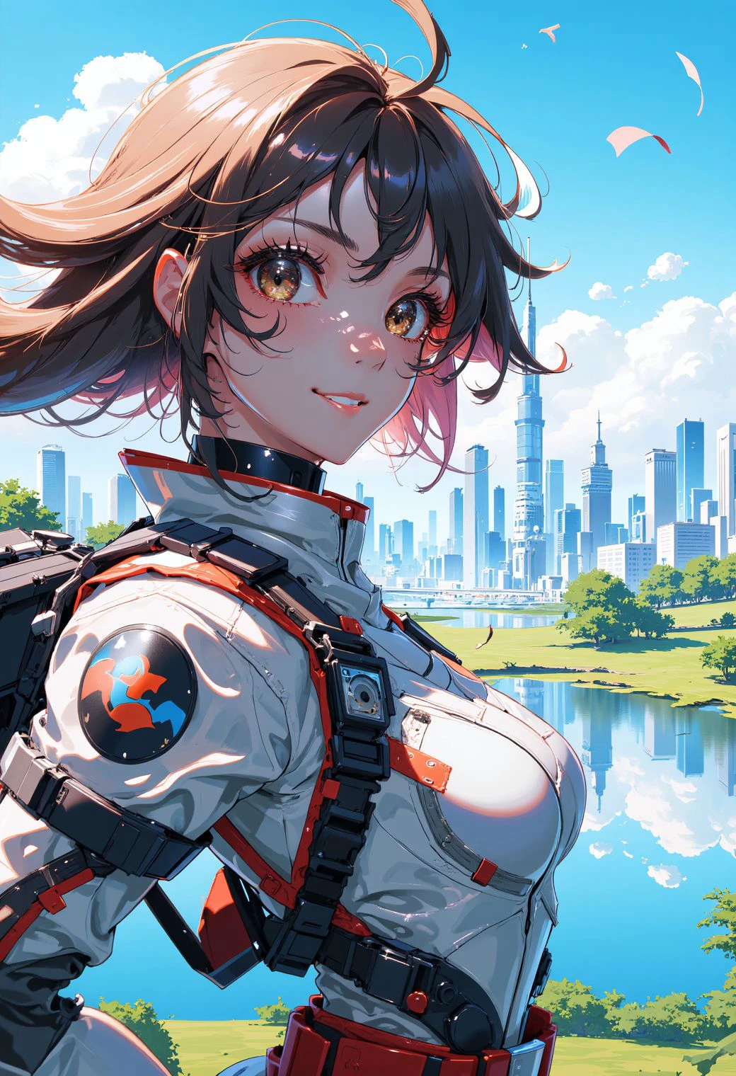 <lora:ck-yoneyama-mai-000017:1>, ck-ym, in the style of ck-ym, drawing, A close-up shot of a female space cadet smiling at the viewer, a city with a serene tranquil lake in the background.