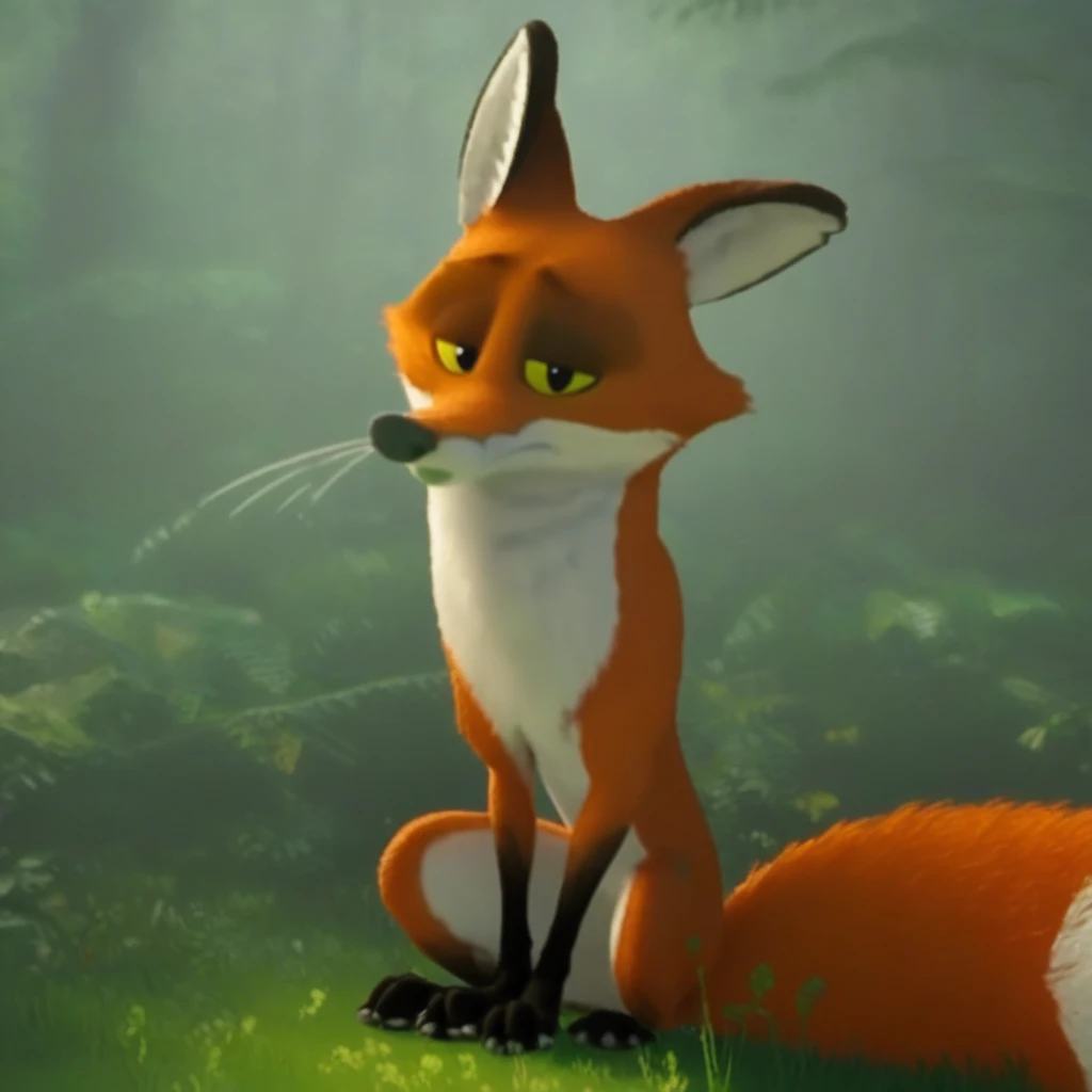 Fink, fox, male, sitting, full body, looking at viewer, sad, forest background