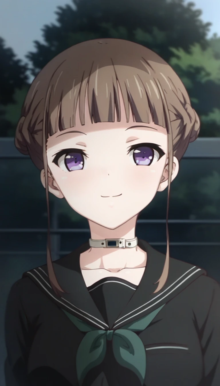 score_9,score_8_up,score_7_up,score_6_up BREAK official art,solo,outdoors,upper body,(portrait:1.5),looking at viewer,facing viewer,smile,blush,Manaka Nemu,brown hair,short hair,single hair bun,french braid,sidelocks,blunt bangs,purple eyes,choker,collarbone,school uniform,black sailor collar,black shirt,green neckerchief,long sleeves,medium breasts,black skirt,pleated skirt,black thighhighs,loafers,<lora:Manaka Nemu(euphoria)-Pony:1.6>,