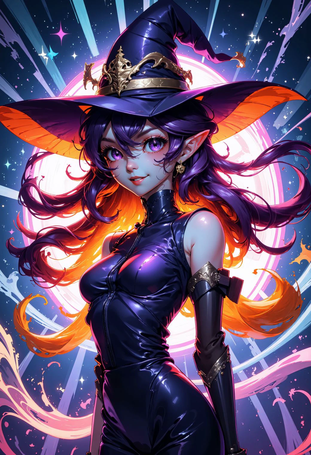 <lora:ck-yoneyama-mai-000017:1>, ck-ym, in the style of ck-ym, drawing, A powerful and alluring witch stands just inches from you with a charming smirk, her enchanting gaze locking onto yours with an intense, magical allure. Her deep violet and orange hair sways around her face, which is framed by the glowing edges of her pointed hat, its brim seeming to extend out of the frame. She’s dressed in a sleek, dark purple dress, her swirling magic creates a tunnel-like effect, pulling you into the scene. Her lips curve into a seductive smile, her violet eyes glinting with mystery as the background blurs into a vortex of glowing stars and swirling mist. The entire scene feels alive with movement, as if you are moments away from being consumed by her enchanting spell, lured into a whimsical, magical world.