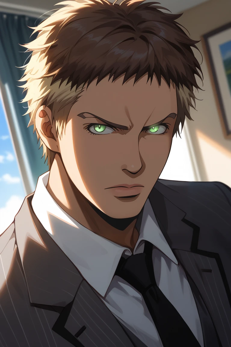 score_9, score_8_up, score_7_up, source_anime, rating_safe, day, natural lighting, male focus, looking at viewer, glowing eyes, TerasakaAC, brown-blonde_Terasaka_two-tone short hair, green_Terasaka_eyes, formal, suit, CEO businessman boss, serious, 1boy, blurry indoors office, dutch angle, intricately detailed illustration, atmospheric perspective, depth of field, realistic shading