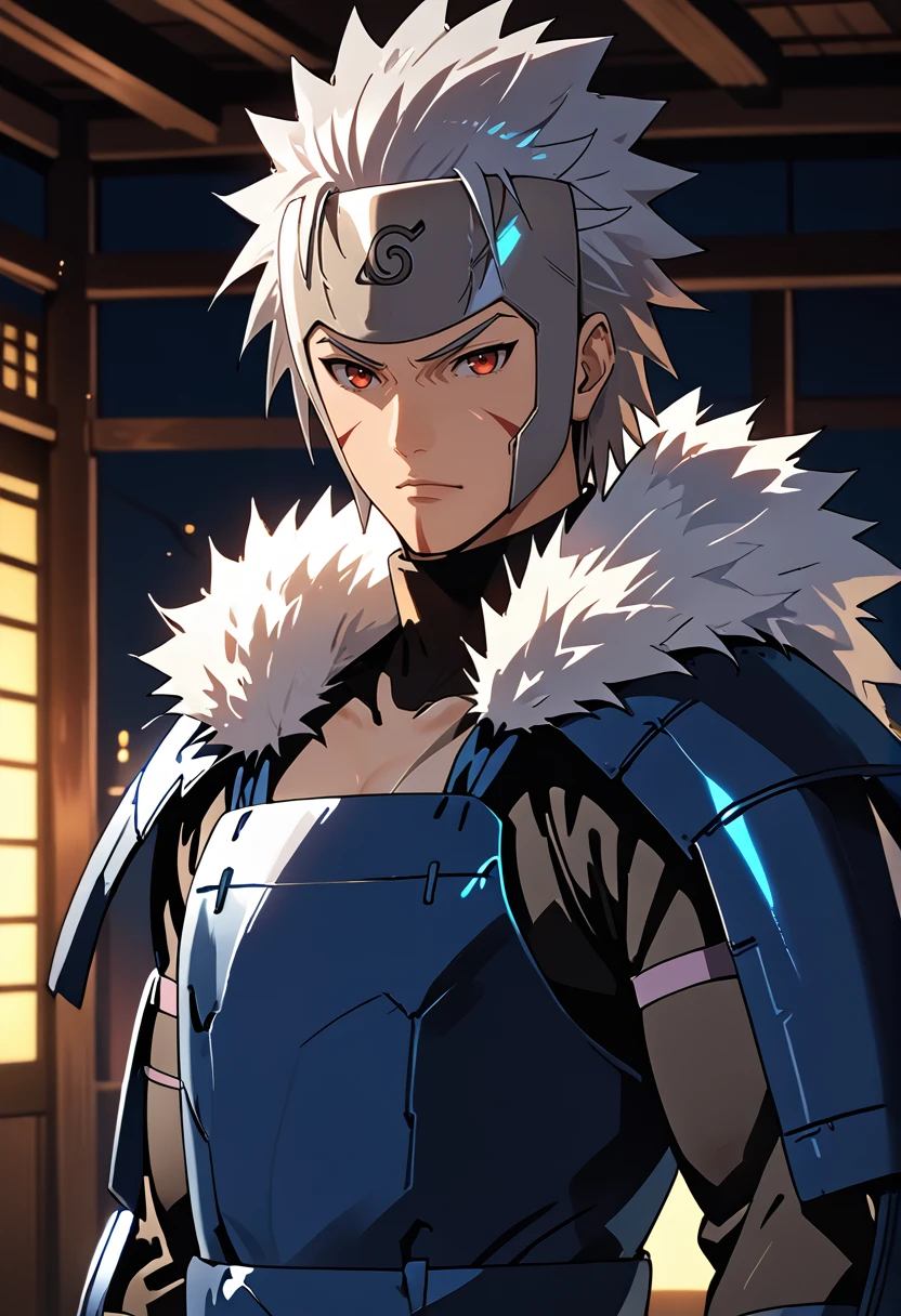 source_anime, score_9, score_8_up, score_7_up, (masterpiece:1.2), (best quality:1.3), <lora:Tobirama Senju - V1:0.8> 1boy, senju tobirama, grey spiky hair, forehead protector, blue armor, facial mark, ninja, muscular, fur trim, red eyes <lora:age_slider_v4:2.25>, low-key lighting, lo-fi, dark, glow, dynamic cinematic lighting, ray_tracing, global illumination <lora:Anime Style (Vauxz) PONY:0.8>