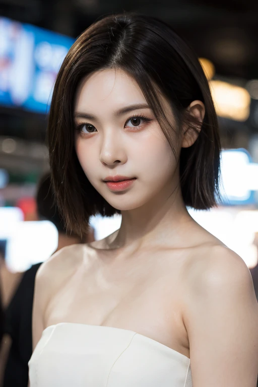 masterpiece, best quality, ultra-detailed, ultra high res, (photorealistic:1.4), raw photo, (realistic:0.2), 8k HDR, realistic cool temperature lighting, (asian:0.2), 1girl, solo, asymmetrical hair, outdoor, day, (traditional market:1.2), bokeh, (detailed lips), (detailed pores), (detailed skin textures), (detailed face:1.2), (upper body:1.2), a woman in a white strapless tube dress, promotional image, a character portrait,