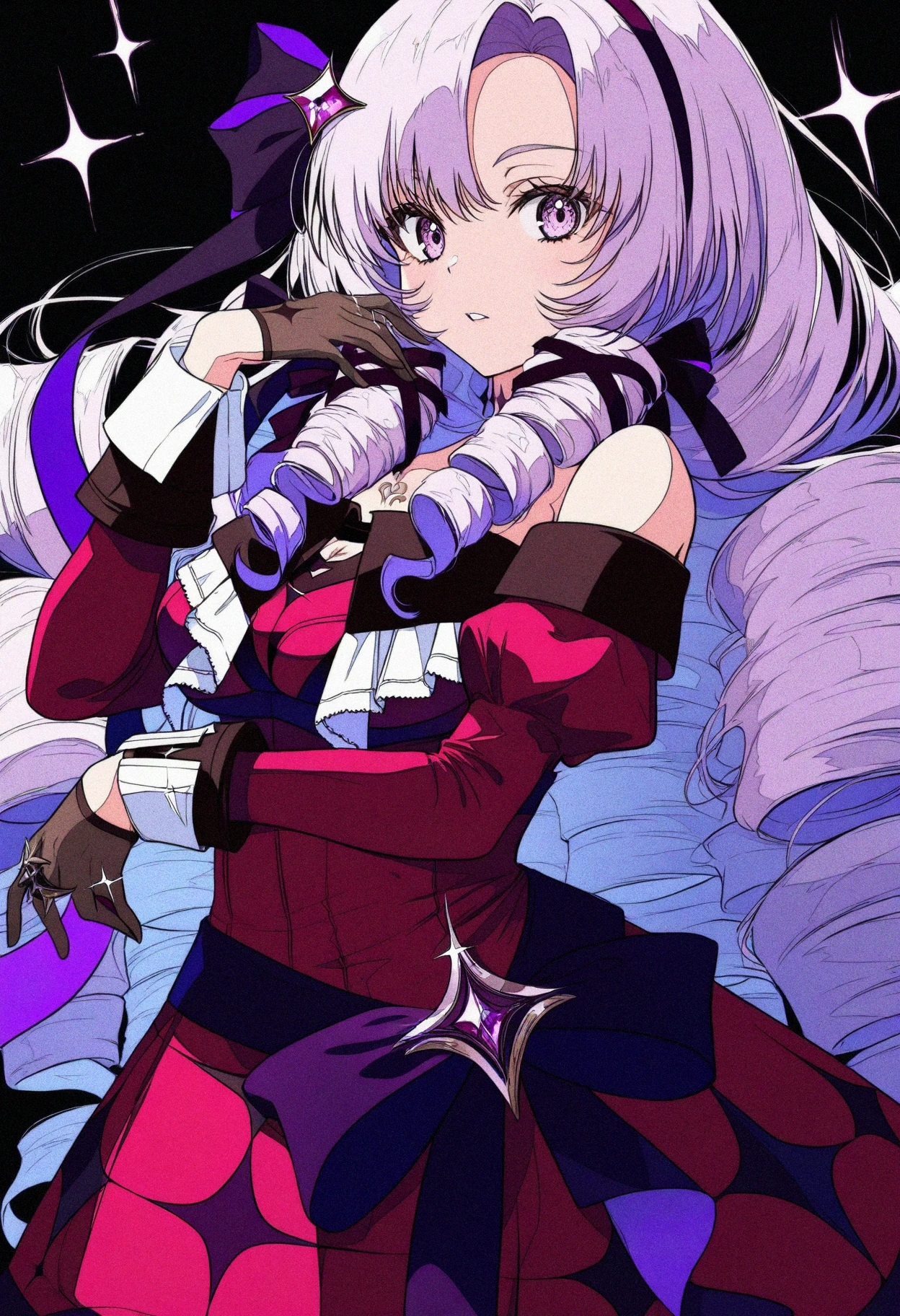 masterpiece, best quality, high contrast, absurdres, vibrant, highly detailed, ligne claire, hyakumantenbara salome, 1girl, virtual youtuber, drill hair, long hair, gloves, solo, purple hair, purple eyes, dress, red dress, hairband, looking at viewer, black gloves, long sleeves, parted bangs, breasts, ribbon, brown gloves, hair ribbon, upper body, sparkle, claw ring, purple ribbon, parted lips