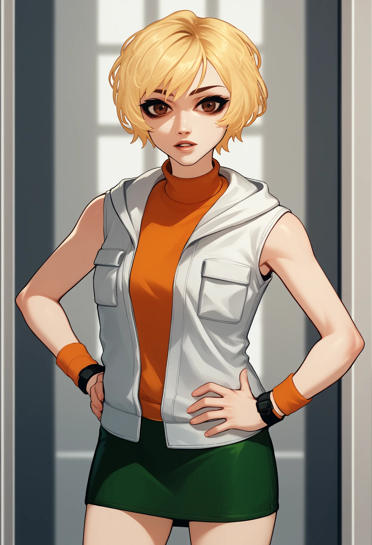 score_9, score_8_up, score_7_up, source_anime BREAK 1girl, solo, <lora:heathermason-silenthill-richy-v1_pdxl:1> hthrdf, brown eyes, blonde hair, short hair, white vest, orange sweater, turtleneck, sleeveless, wristband, green skirt, hood down, parted lips, looking at viewer, hands on hips <lora:sachiko-artist-richy-v1_pdxl:1>