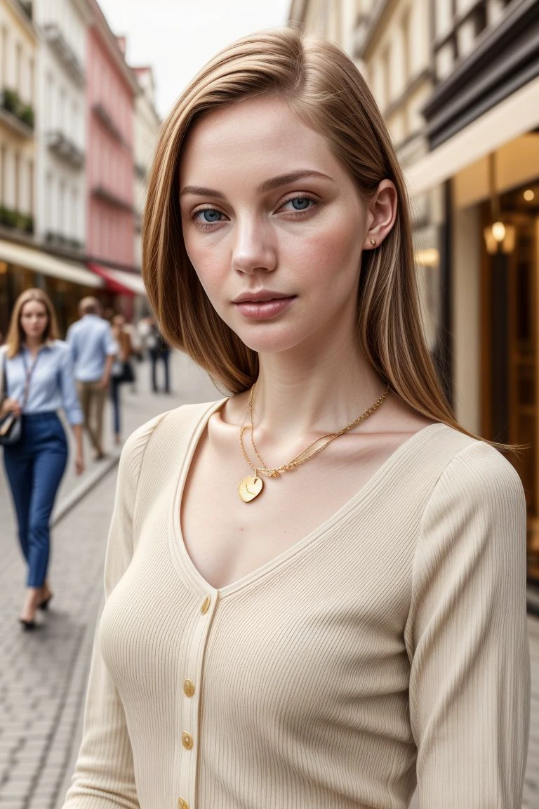 European woman, closeup, (shirt), pants, (swiss village streetview), gold necklace , ZM_adriana, wide shoulders, perfect face, (contact iris: 1.1), pale skin, skin pores , depth of field