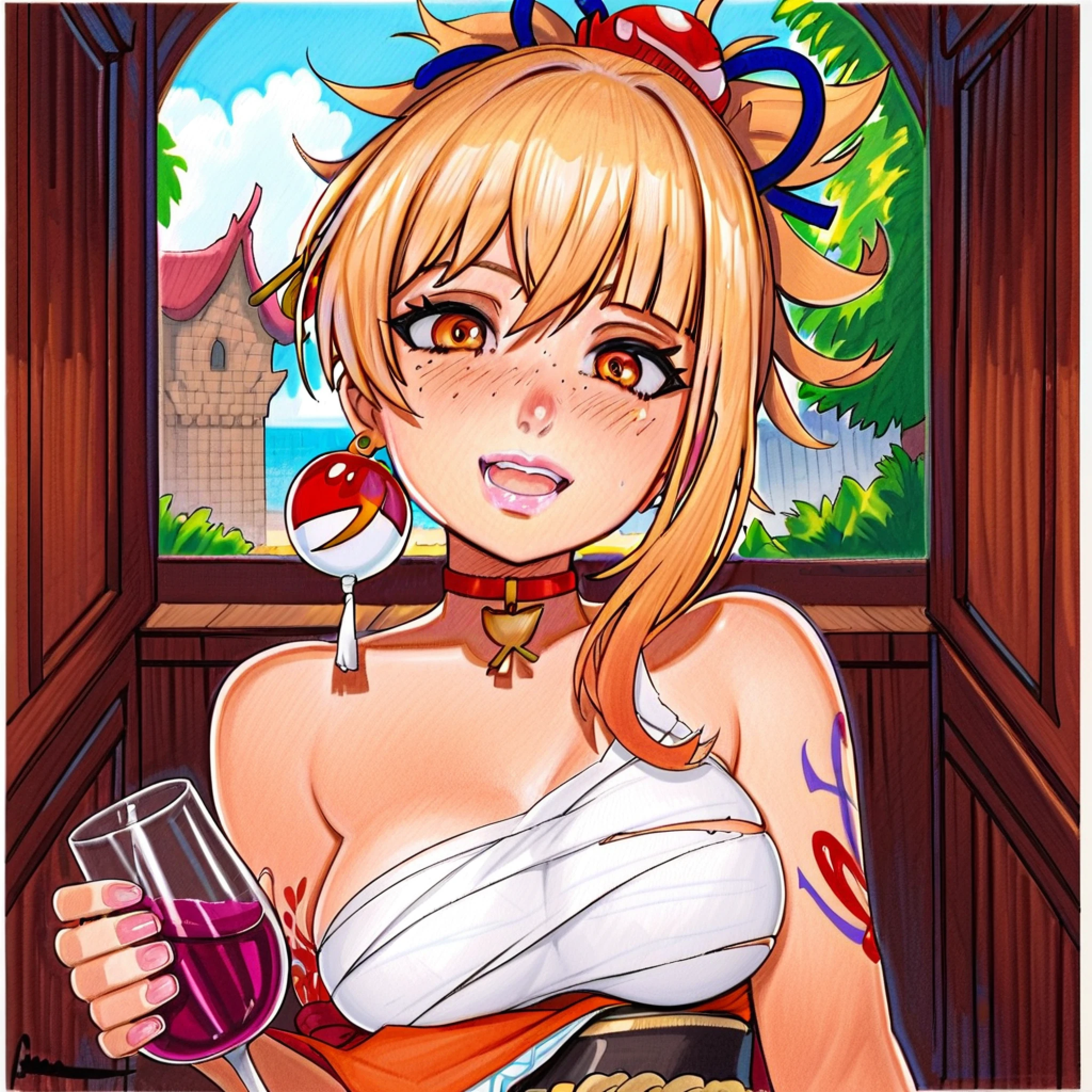 score_9, score_8_up, score_8, fabulous artwork, best quality,, Medium and close-set breasts, Inverted triangle body, solo,  upper body,  holding wine glass,  looking at viewer,, Abandoned castle, Yoimiya from Genshin Impact, Disappointed, 1girl, score_9, score_8_up, score_8, female character concept, athletic, fabulous artwork, best quality, high resolution,