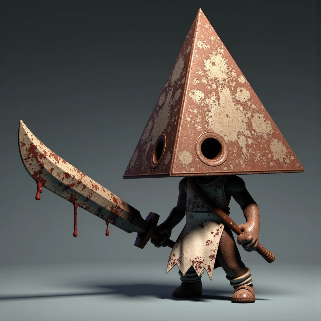 This is a 3d image that depicts a cute little pyramid head from silent hill, who is carrying a large buster sword. He is wearing a white bloodied apron, and his head is completely obscured by a large rusted metal pyramid on his head.