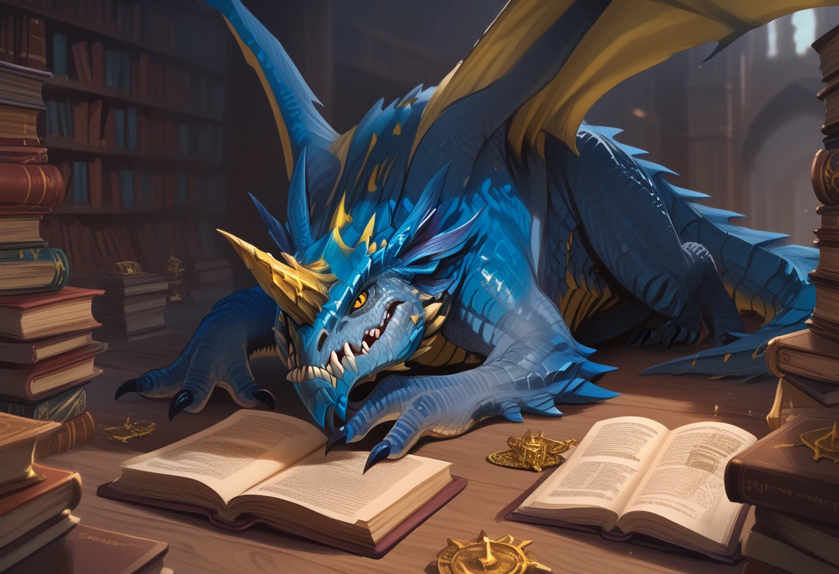 Masterpiece, score_9, score_8, score_7, highres, source_cartoon, 2.5D 
BREAK
solo, dnd_dragon, bluedrg, a feral blue dragon reading a book, holding book in claw, wearing purple robes with gold highlights,  lying on side, yellow eyes, smug face, blue scales, yellow underbelly, sharp teeth, claws, tail, big horn on head, wings, feral, in a large library hall , large dragon, 