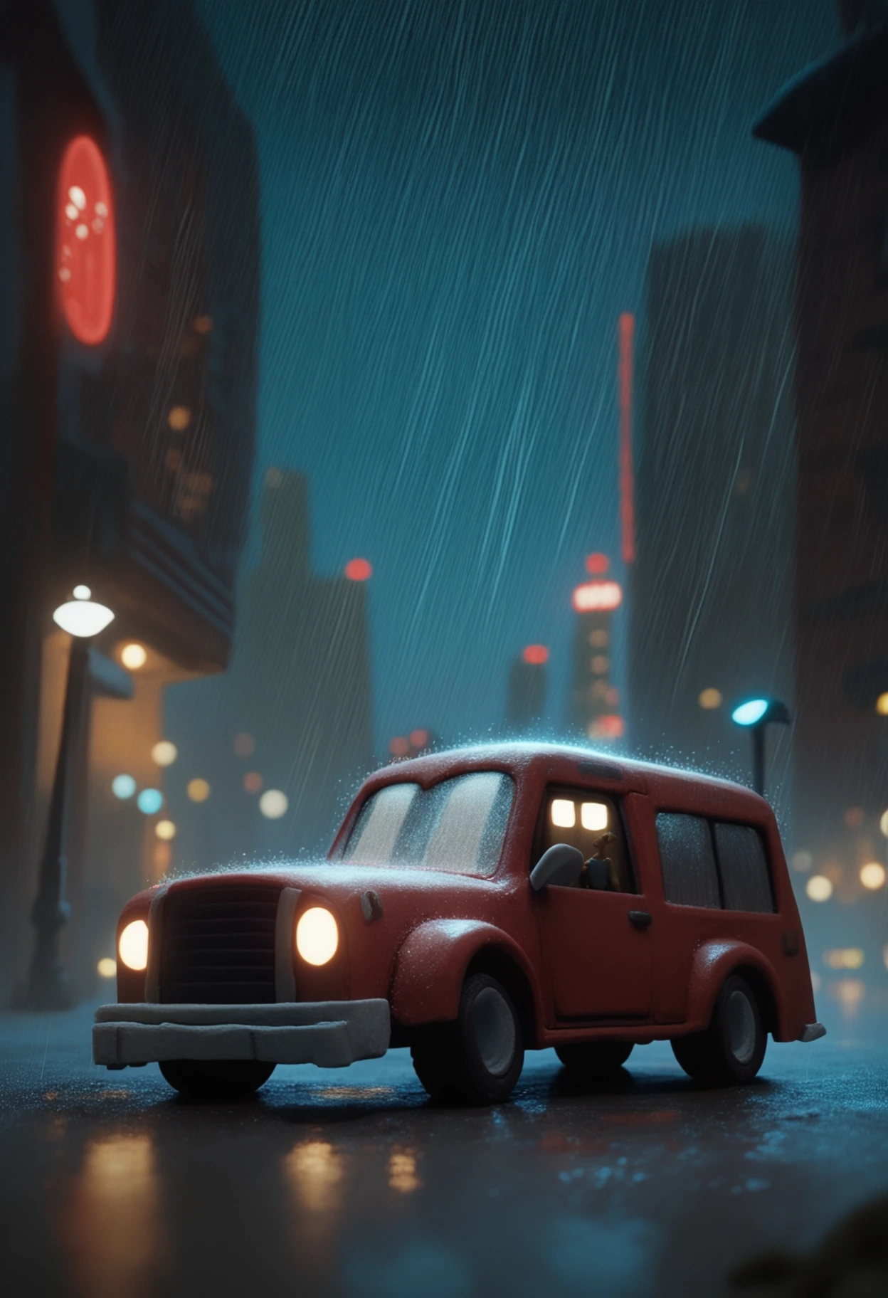 neverhoodstyle, clay, safe_pos, score_9, score_8_up, score_7_up, truck, vehicle, city, night, rain