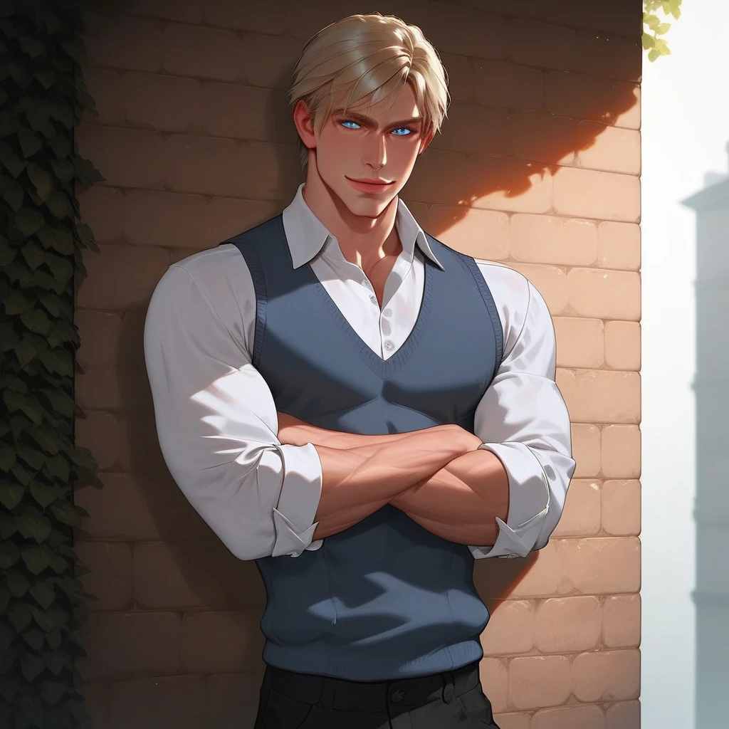 attractive, handsome, white shirt, muscular, grey vest, blond hair, blue eyes