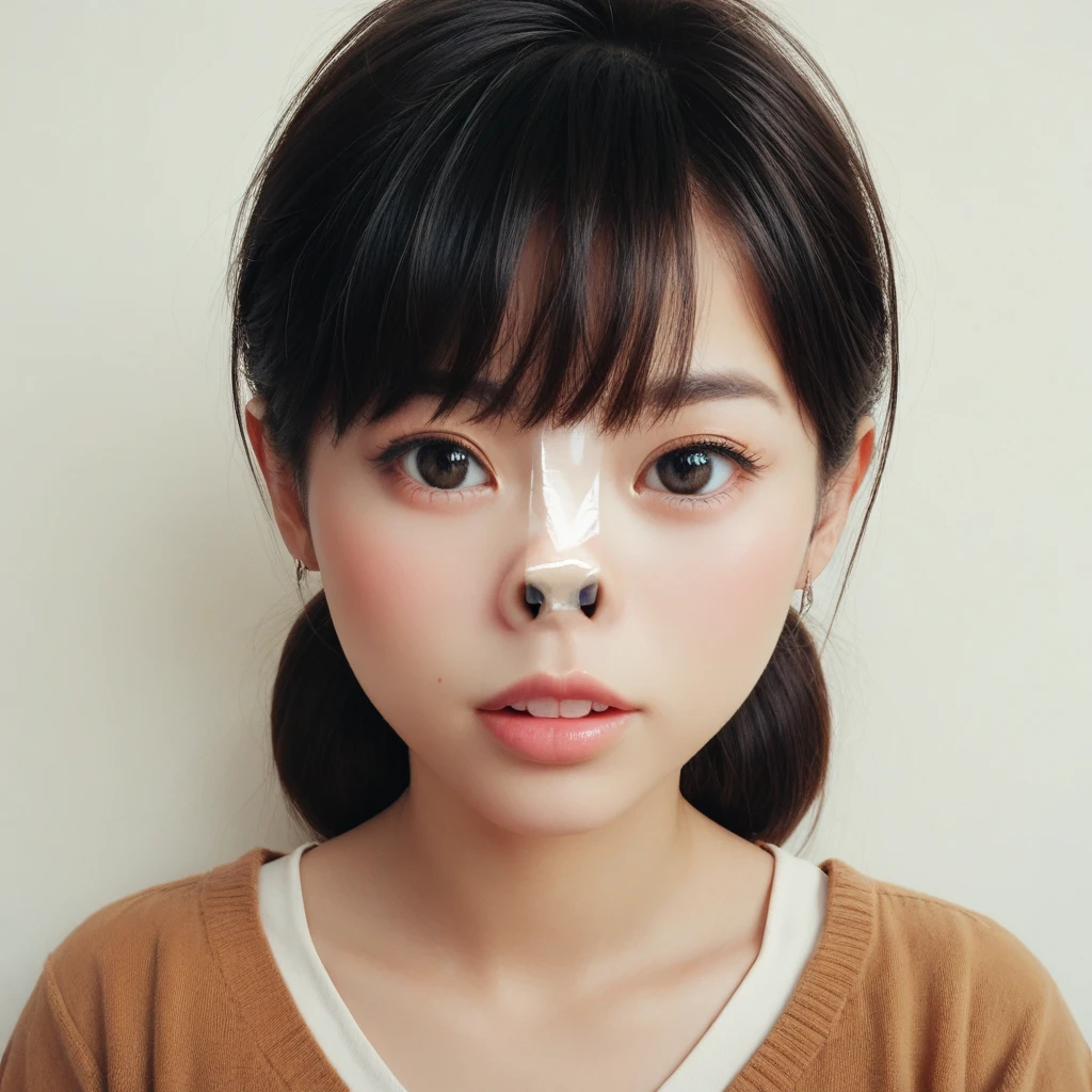 score_9, score_8_up, score_7_up, score_6_up, score_5_up, score_4_up,BREAK,japanese girl,wide shot,upper body  <lora:PONY_Realistic_nose_tape_v1.1-000015:0.8>nosetape,teeth,looking viewer,black hair,brown pupill,look down