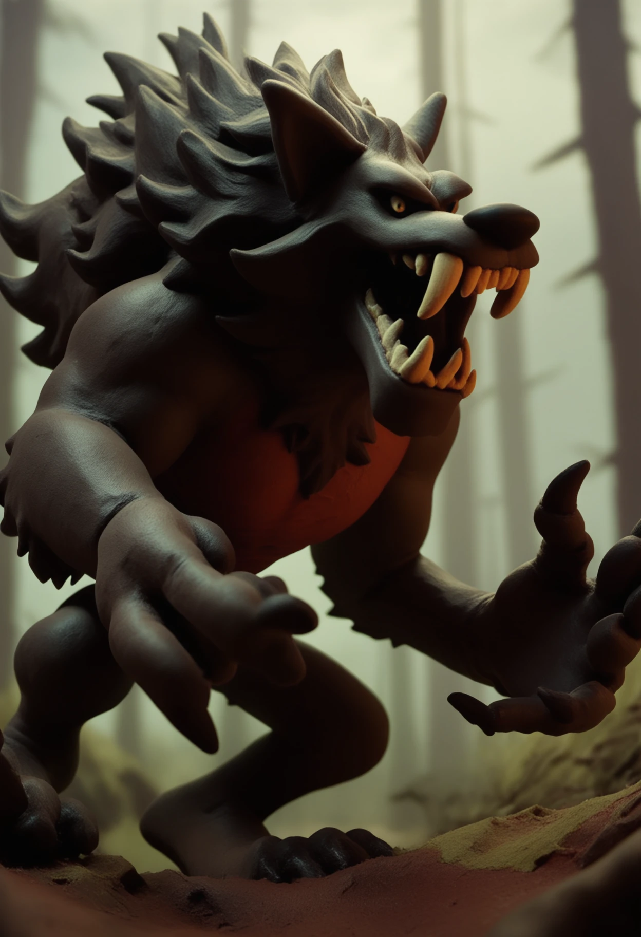 (Best Quality,4k,8k,high resolution,Masterpiece:1.2),ultra detailed,realist:lobo,(feroz,threatening,Frightening),intimidating,werelobo,gigantic,[negro],[humanoid,anthropomorphic],wild,Wild beast,Sharp teeth,bright yellow eyes,giant paws,ribbed muscles,Lunar background,full moon night,sinister atmosphere,dense forest,fierce howl,creature of the night,mythical creature,dominant presence,elegant movements,shadows and darkness,frightening silhouette,powerful stature,nightmarish,wild instincts.