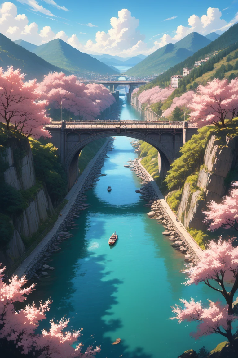 score_9, score_8_up, score_7_up, source_anime, rating_safe, day, natural lighting, bridge focus, CandiBRIDGE, no humans, mountain, water, boat, bridge, pink trees, from above, negative space, scenery, intricately detailed illustration, depth of field, atmospheric perspective, pink theme, monochrome