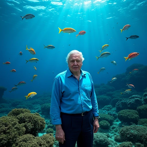 an image of david attenborough wearing a blue shirt standing on the ocean floor with brightly coloured fish swimming around him