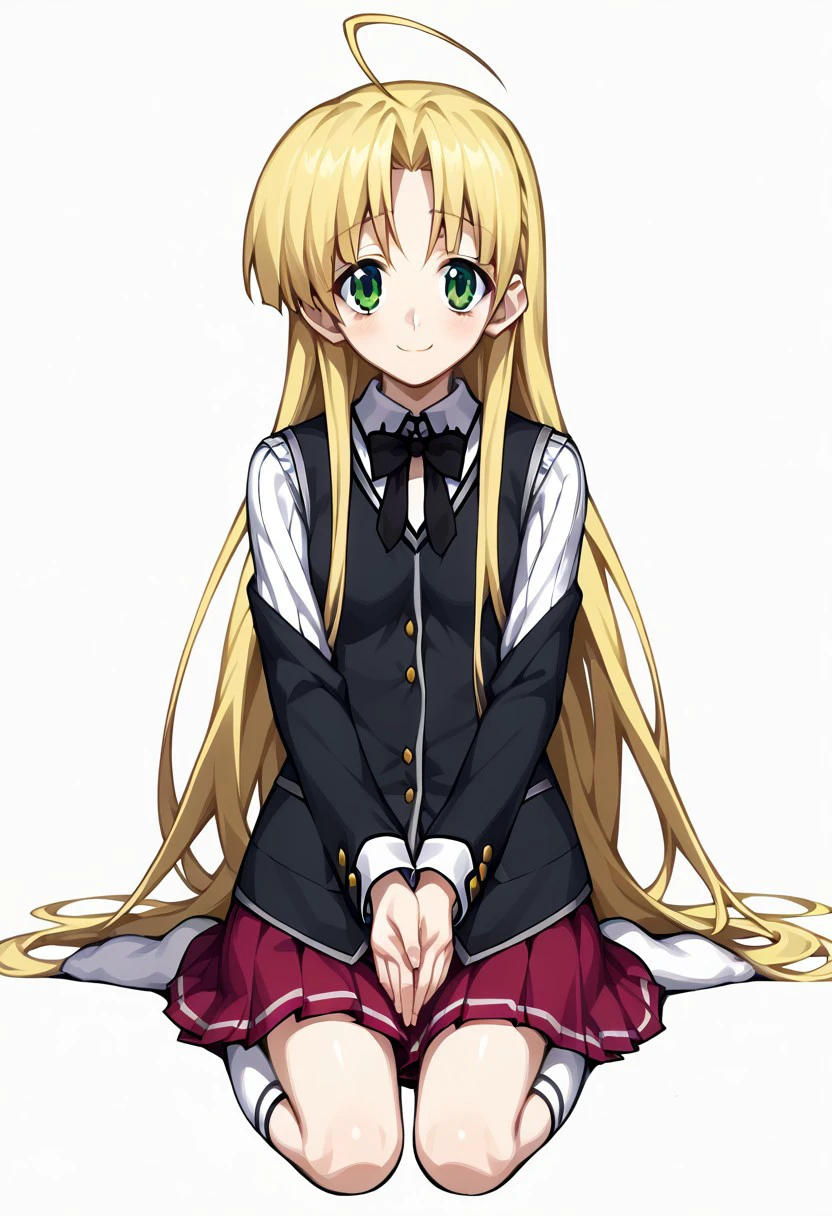 score_9, score_8_up, score_7_up, 
4s144rg3nt0, Asia Argento, Asia Argento (high school dxd), 1girl, solo, long hair, looking at viewer, smile, skirt, blonde hair, simple background, white background, very long hair, school uniform, green eyes, full body, ahoge, pleated skirt, socks, own hands together, white socks