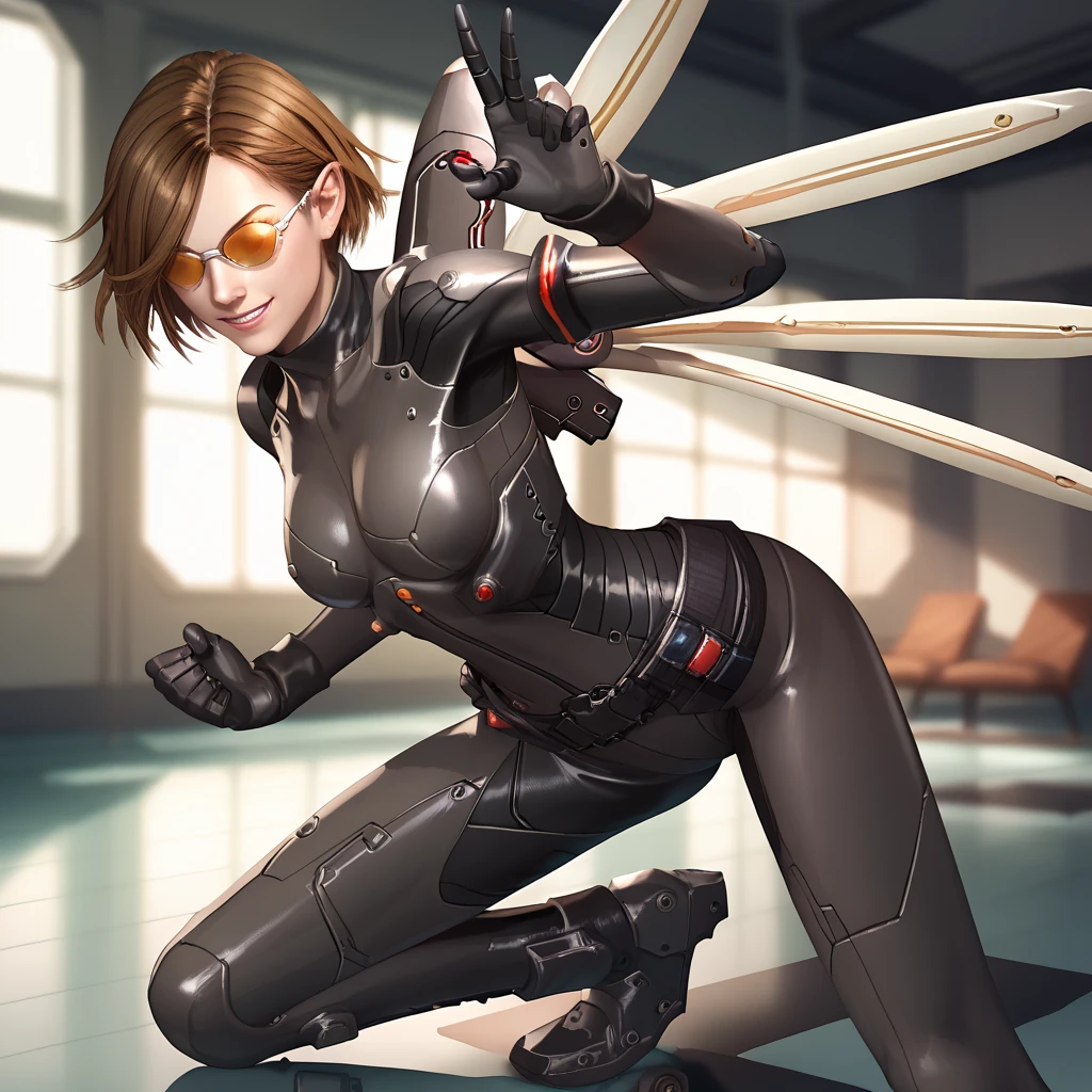 score_9, score_8_up, score_7_up, 1girl, solo, uncensored, vanessaschneider, smile, confident, fighting stance, short brown hair, mechanical wings, black bodysuit, skin tight, science fiction, sunglasses, tinted eyewear, indoors, military base, metal walls, reflective floor <lora:VanessaSchneiderXL_v1.0:1>