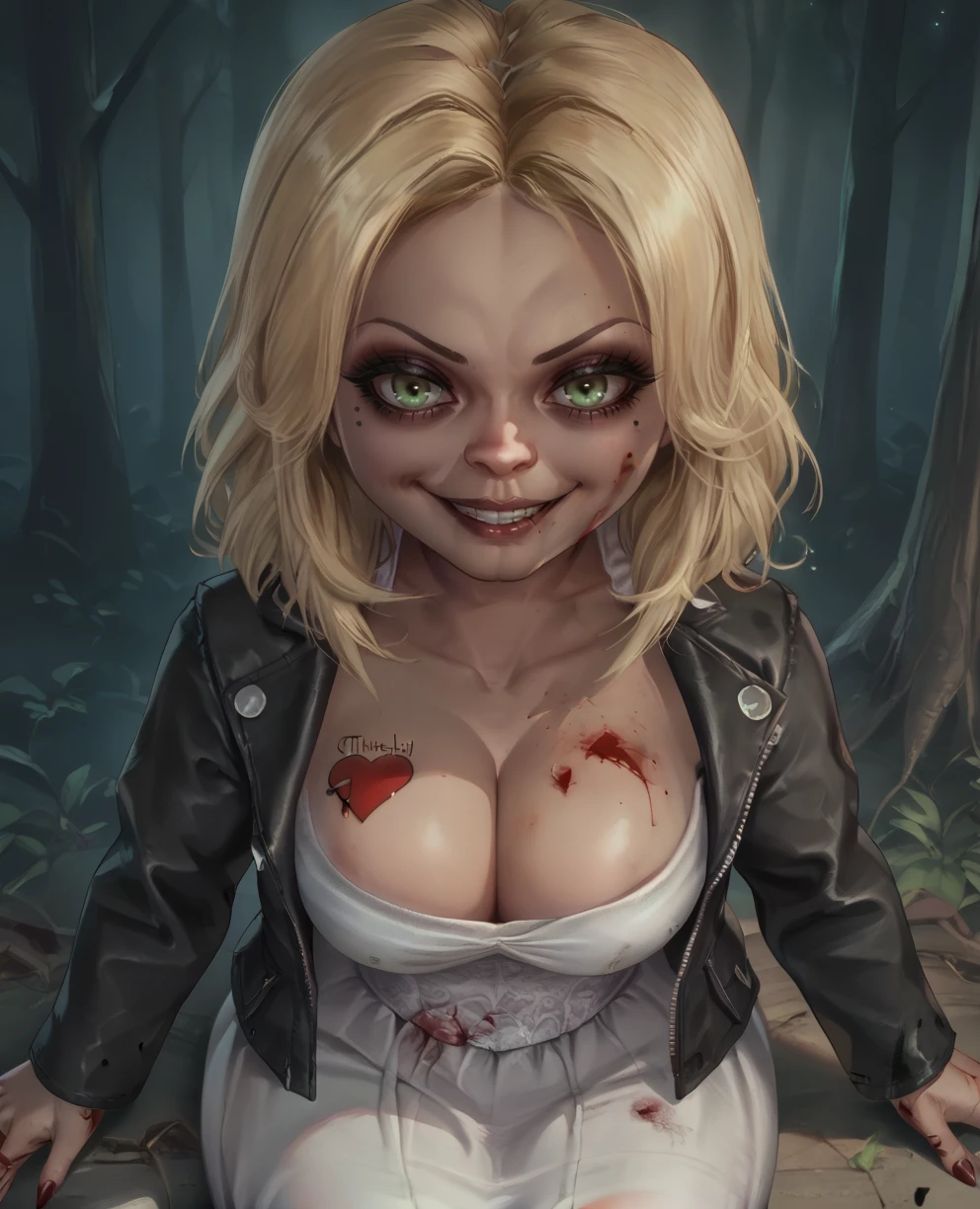 score_9,score_8_up,
tiffanyxl,blonde hair,green eyes,makeup,mole above mouth,
chest tattoo,cleavage,white dress,black jacket,looking at viewer,evil smile,
large breasts,blood,sitting,
night,forest,
solo,
<lora:tiffanyxl:0.8>,
