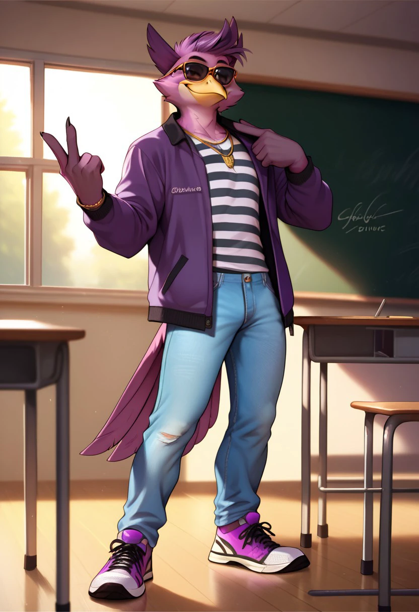 wrastorLovers, bird, avian, purple feathers, purple hair, sunglasses, open jacket, gold chain, necklace, sneakers, jeans, striped shirt, finger guns, male, furry, anthro, 1boy, beckoning, purple jacket, smug, score_9, score_8_up, score_7_up, score_6_up, score_5_up, score_4_up zPDXL, solo, light effects, (high quality:1), (realistic:1.2), good anatomy, solo, halfbody view, (fullbody:1), standing, indoors, classroom, natural lighting, day