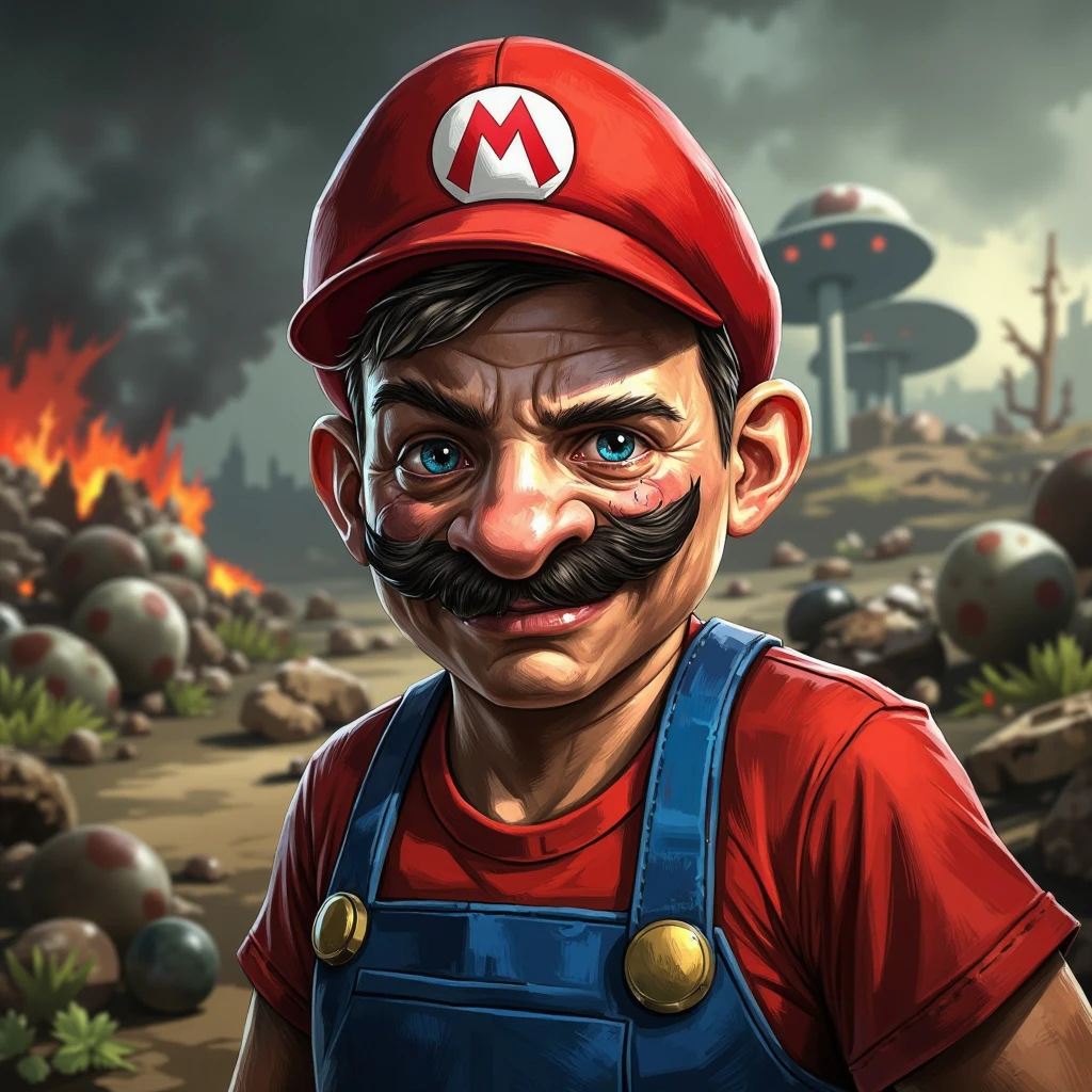 mythoscape painting of an old and tired the iconic super mario, He has gray in his mustache and a black eye. A red cap is on his head with an M on it, and he's wearing overalls with a red shirt. He is old and tired. In the background you can see the remnants of the mushroom kingdom destroyed and burning.posts apocalyptic version of Super Mario World.