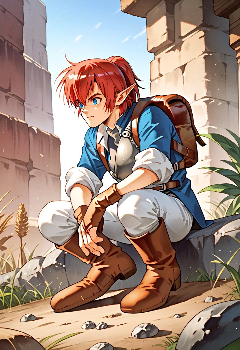 score_9, score_8_up, score_7_up, 1boy, Alundra, red hair, short ponytail, bangs, pointy ears, blue eyes, blue jacket, white cuffs, gray undershirt, steel half-breastplate, fingerless gloves, backpack, leather belt, white pants, knee-high leather boots, grassland, sunset