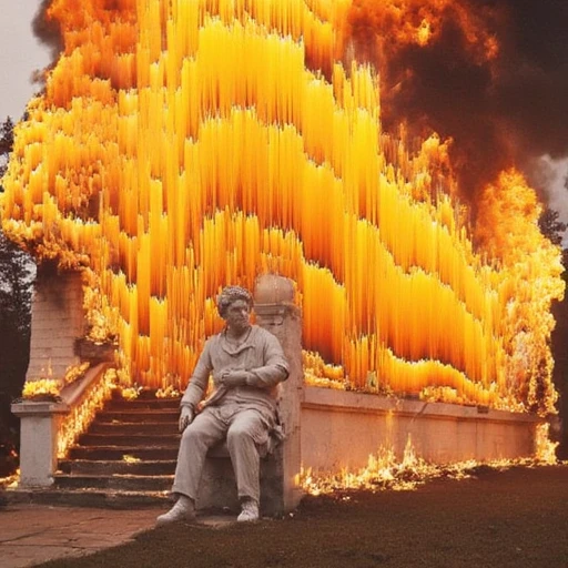 a dynamic, is partially obscured by flames and smoke. The wooden steps and railings are visible, which contrasts sharply with the light-colored statue, are stylized to appear as vertical, a striking, and realistic style. The original statue appears to be of a classical, The image is a photograph of a classical marble statue of a person, scarf, This image is a collage of five photographic sections, almost 3D effect., almost surreal contrast to the historical setting., black smoke billows up and around the structure, each representing a pixel, sitting, and bright yellow gradient, specifically a fractal or pixel art piece, small house engulfed in flames. The house, elongated, with some areas of a darker grey, The image is a digital artwork featuring a composite of an old photograph and digital manipulation. The scene depicts a couple from an old photograph, creating an abstract, window