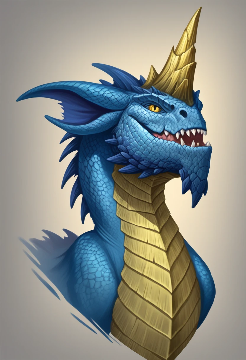 score_9, score_8_up, 2.5d, masterpiece, highres, absurdres, source_cartoon , BREAK  bluedrg, Feral, dragon, blue scales, yellow underbelly, sharp teeth, yellow eyes, big horn on head, , portrait , blue body, solo, hi res , detail background 