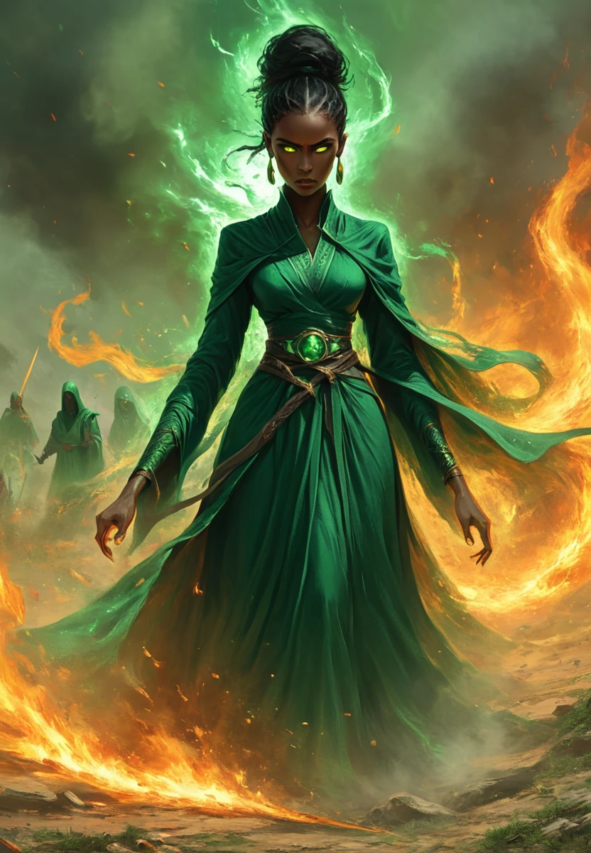 Green Ajah: A fierce woman in an emerald green robe, her eyes burning with intensity, stands in the midst of battle, weaving a deadly spell of fire and earth, summoning flames to rise from the ground and envelop her enemies, her Warders standing at her side, swords drawn. <lora:artfullyWOT1PWR:1>, artwot1pwr,