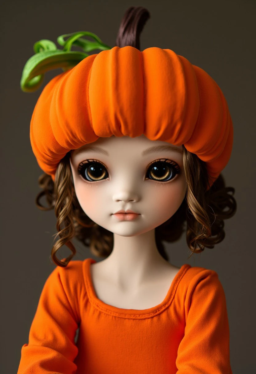 crisp, sleek stunningly beautiful detailed HDR 8k photograph of a doll wearing a bright orange dress and a cute fat pumpkin hat with curly green stem