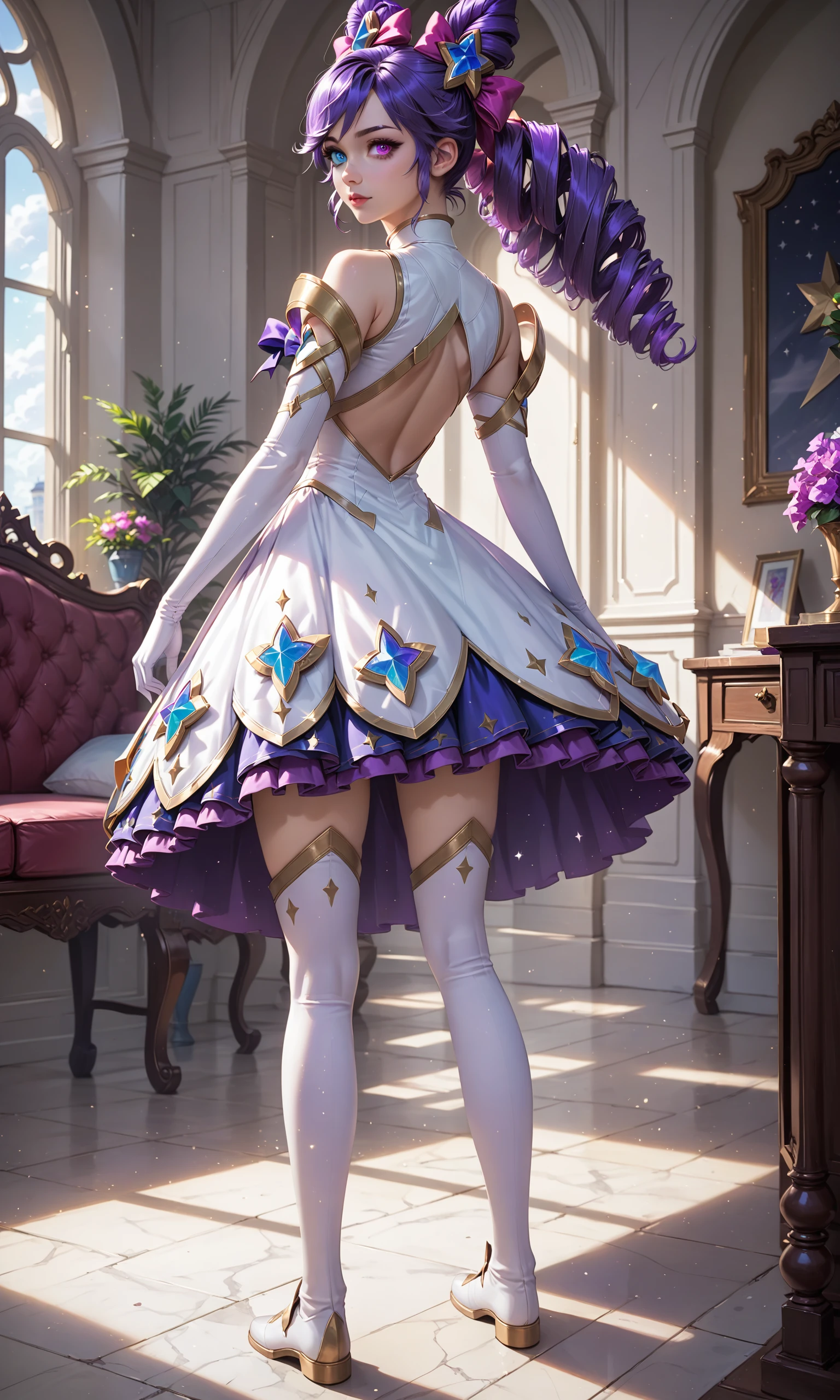 score_9, score_8_up, score_7_up, (1girl), (absurdres, ,highres), (masterpiece, best quality), (perfect details, highest detailed, extreme detailed),
<lora:SGGwenSDXL:0.75>,  (star guardian gwen, thighhighs, purple hair, (heterochromia:1.4), long hair, elbow gloves, twintails, drill hair, twin drills, bow, white dress,  cone hair bun, full body, arms resting, boots),
(from behind:1.5), indoors, looking at viewer, 