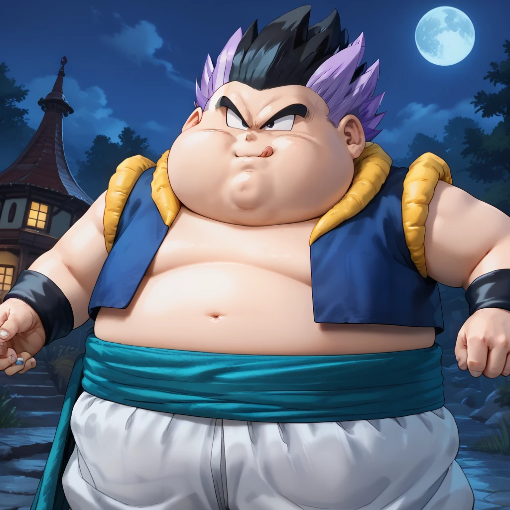 4k, masterpiece, highres, night, 1boy, dutch angle, <lora:gotenks-v1:0.9> dbzgotenks, two-tone hair, overweight, plump, metamoran vest, baggy pants, sash, black wristband, tongue out, adult, anime_style, score_9, score_8_up, score_7_up, score_6_up, score_5_up, score_4_up