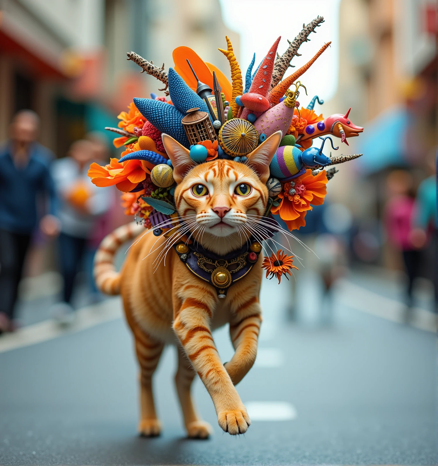 fantastical-headdress,a cat gallopping on street