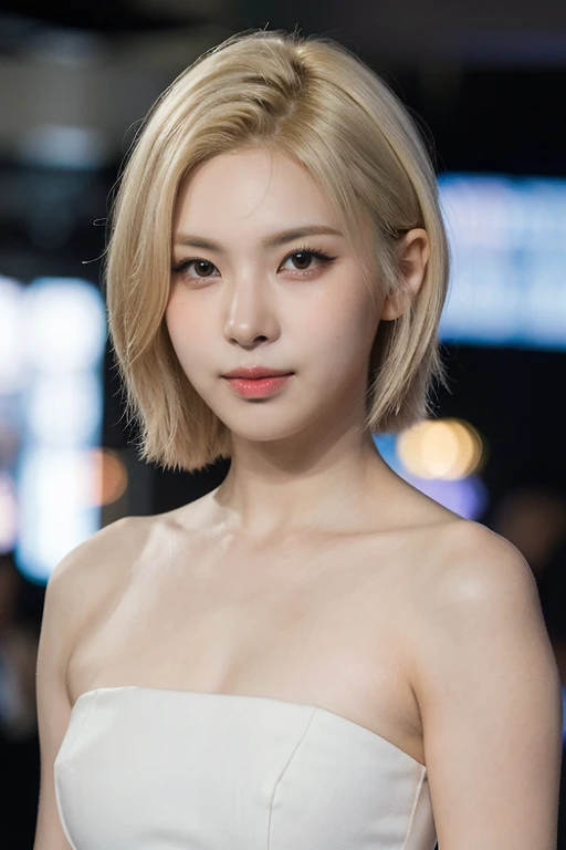 masterpiece, best quality, ultra-detailed, ultra high res, (photorealistic:1.4), raw photo, (realistic:0.2), 8k HDR, realistic cool temperature lighting, (asian:0.2), 1girl, solo, asymmetrical blonde hair, indoor, day, (simple background:1.2), bokeh, (detailed lips), (detailed pores), (detailed skin textures), (detailed face:1.2), (upper body:1.2), a woman in a white strapless tube dress, promotional image, a character portrait, thigh gap,