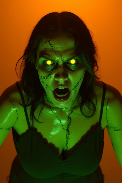 a photo of an evil woman with green frankenzombie skin lunging towards the camera screaming with bright yellow eyee with a misty orange smoke background