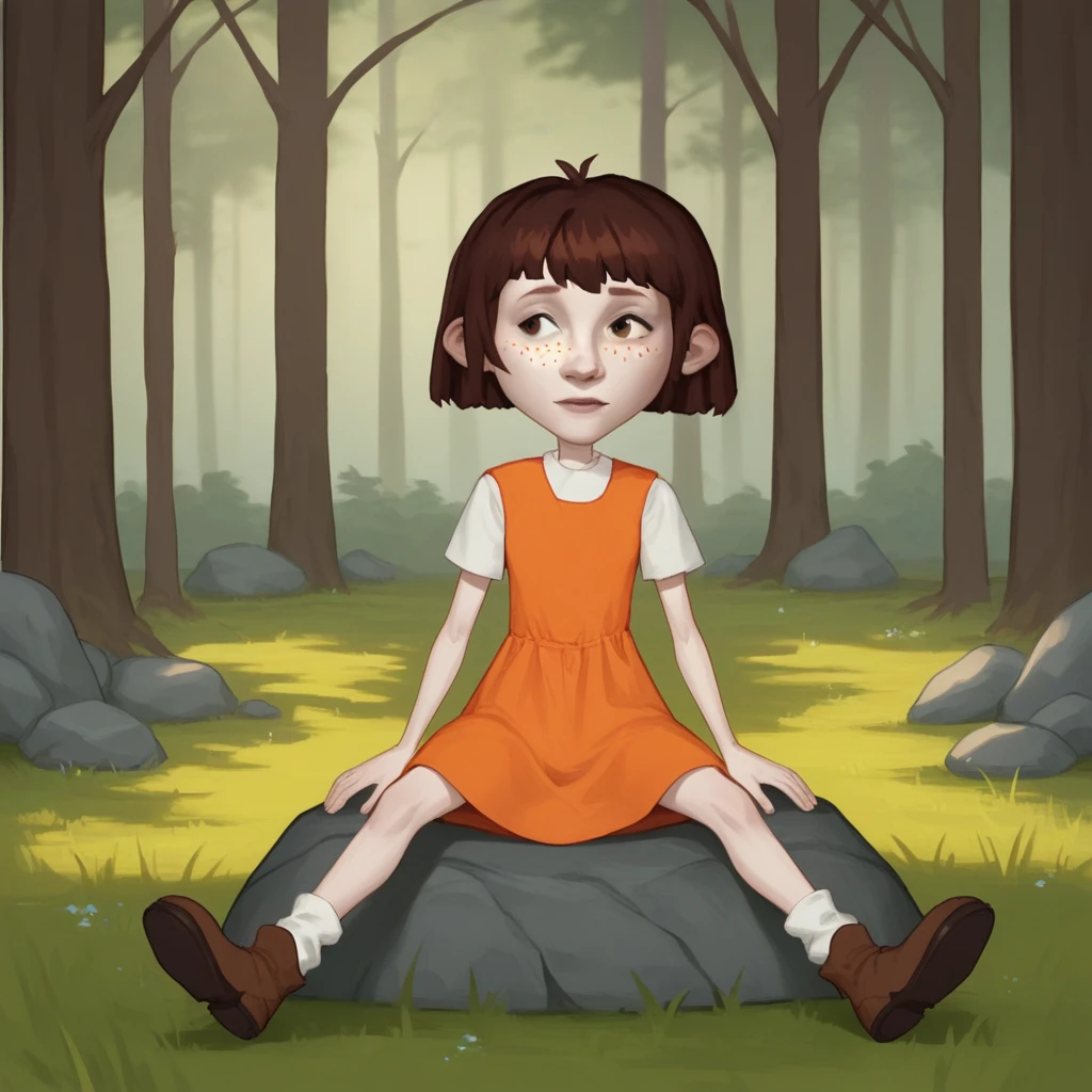 score_9_up, score_8_up, BREAK, AngelaAnaconda, 1girl, solo, brown hair, short hair, brown eyes, freckles, orange dress, white sleeves, short sleeves, white socks, brown footwear,, sitting on rock,  <lora:AngelaAnaconda_PXL_Leaf1:1>, outdoors, forest,