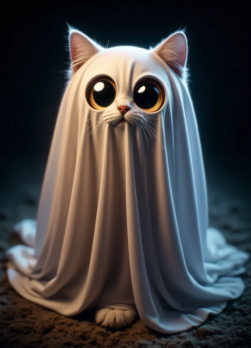 a glowing white cat wearing a ghost costume with eyes that seem to hold a hint of mischief and a faint aura surrounding its body