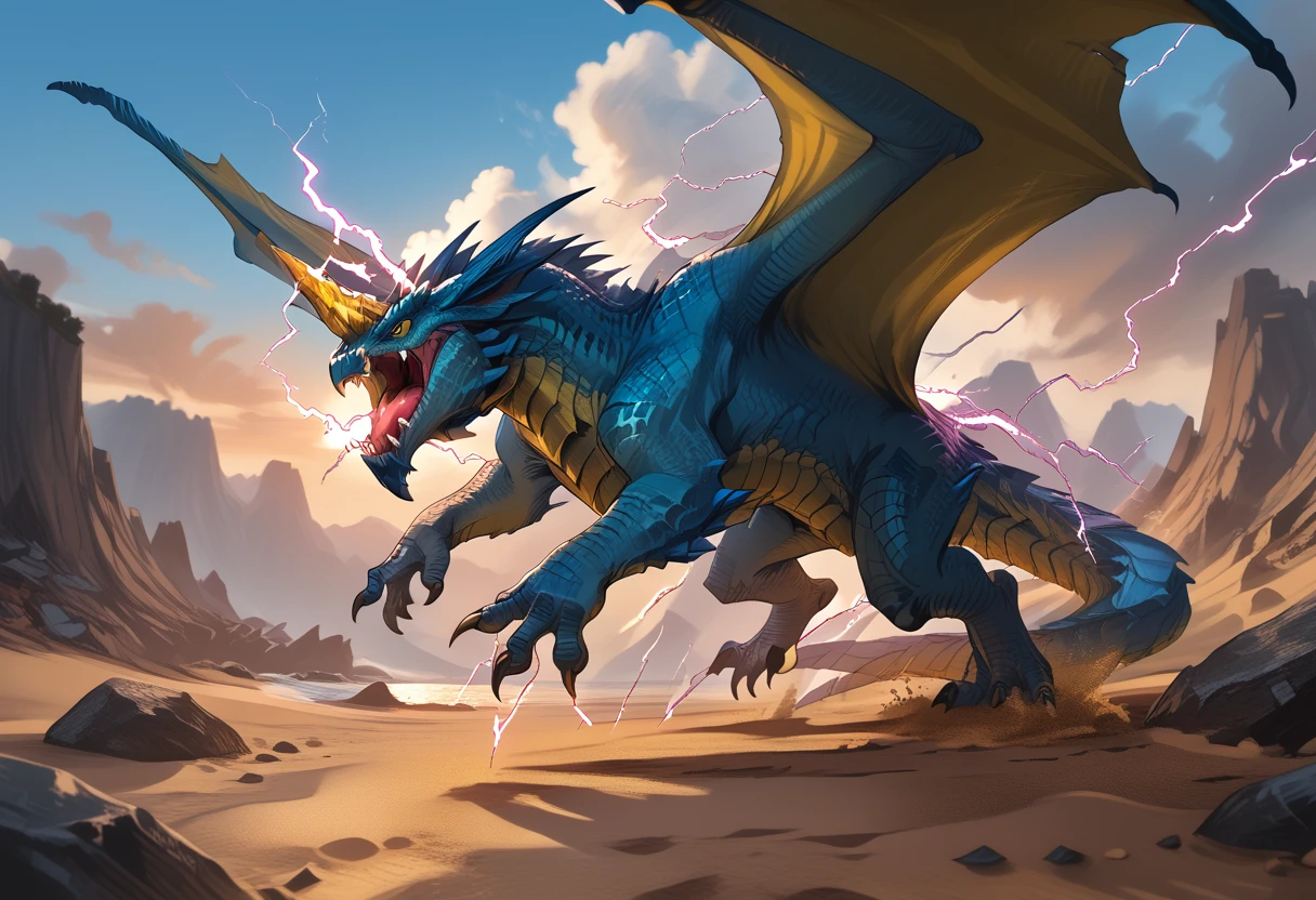 Masterpiece, score_9, score_8, score_7, highres, source_cartoon, 2.5D 
BREAK
solo, bluedrg, day, wings, yellow_underbelly, big horn on head, claws, monster, blue scales, rock, electricity, flying, tail, scales, sand, sky, dnd_dragon, yellow eyes, feral, large dragon, open mouth, roaring