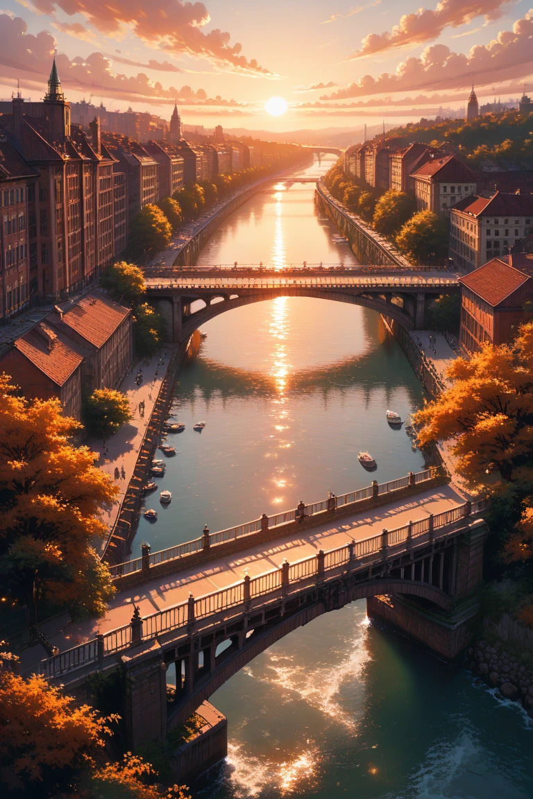 score_9, score_8_up, score_7_up, source_anime, rating_safe, afternoon, sunset, natural lighting, bridge focus, CandiBRIDGE, no humans, CandiBRIDGE_1stclutter, from above, negative space, intricately detailed illustration, depth of field, atmospheric perspective, orange theme