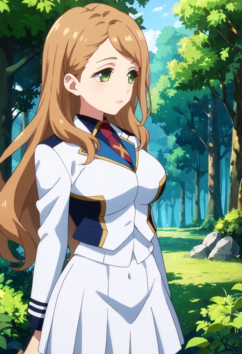 score_9, score_8_up, score_7_up, score_6_up,
masterpiece,

1girl, solo,

Kirii Futaba, long hair, brown hair, green eyes,

white jacket, collared shirt, red necktie, necktie, school uniform, white skirt,

forest, outside,